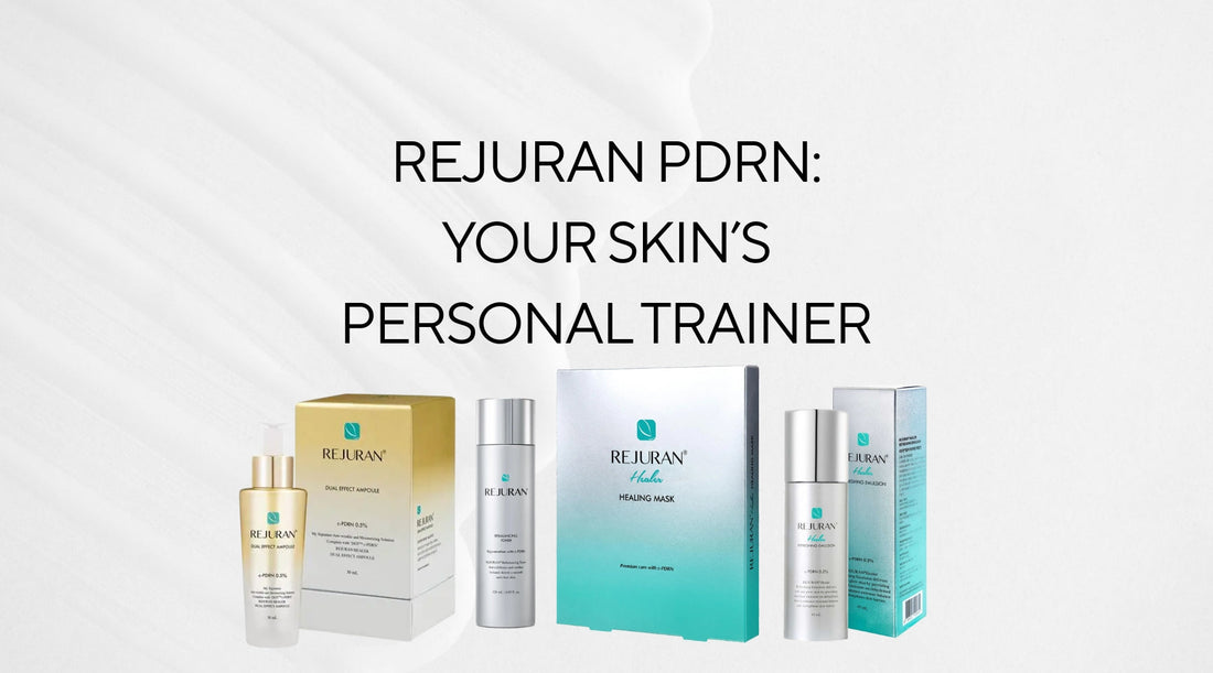 Four Rejuran PDRN skincare products—Dual Effect Ampoule, Rebalancing Toner, Healing Mask, Refreshing Emulsion—under the text ‘Your Skin’s Personal Trainer.