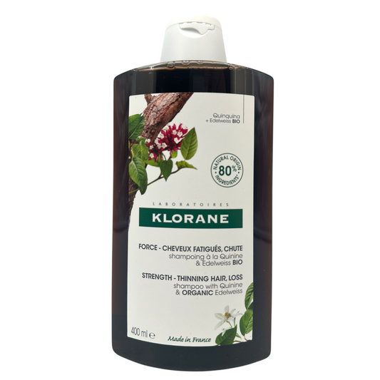 Klorane Shampoo with Quinine & Organic Edelweiss 400ml – botanical haircare for thinning hair, available at Zakura Global.