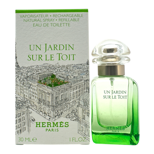 Hermes Un Jardin Sur Le Toit Eau De Toilette Spray 30ml bottle with green accents, representing a fresh rooftop garden-inspired unisex fragrance, available at Zakura Global.