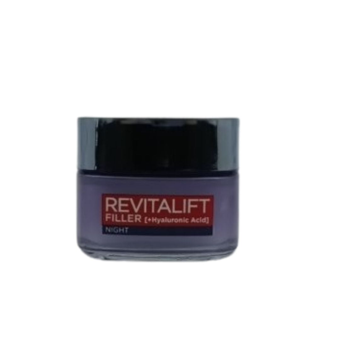 L'Oreal Revitalift Filler Night Cream – 50ml jar for overnight hydration and plumping, available at Zakura Global.