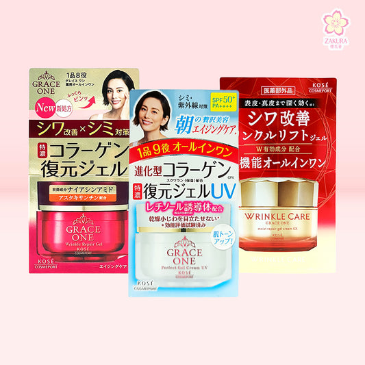 Kose Grace One Wrinkle Repair Gel Cream 100g jar with anti-aging ingredients, available at Zakura Global.