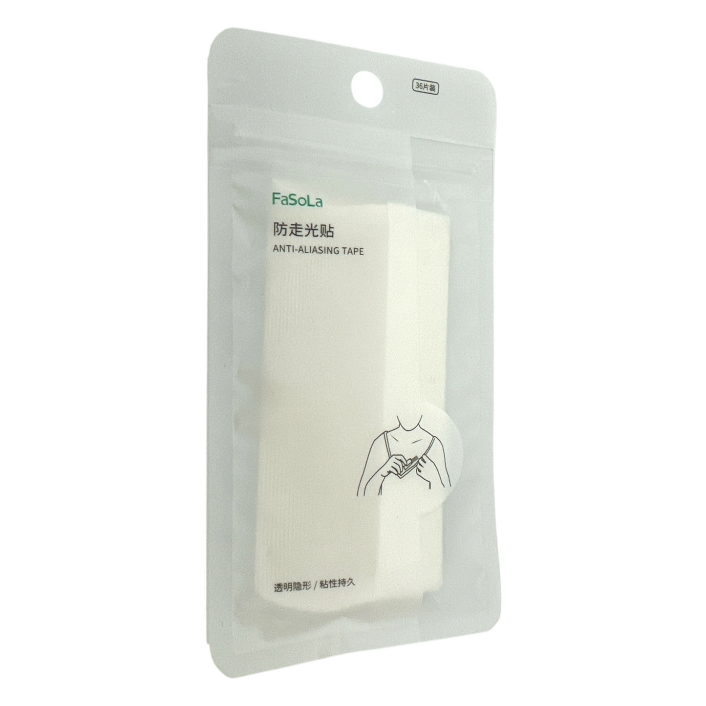 FaSoLa Anti-Aliasing Tape – 36pcs (18x85mm) invisible double-sided fashion tape for clothes, available at Zakura Global.