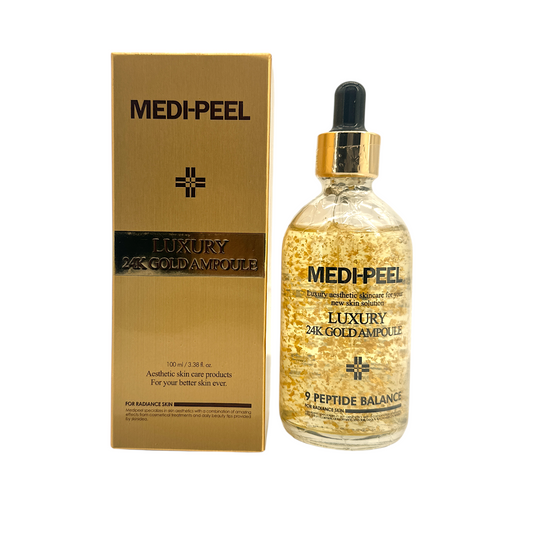 Medi-Peel Luxury 24K Gold Ampoule – 100ml with visible gold flakes in elegant packaging, available at Zakura Global.