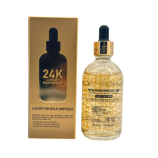 Medi-Peel Luxury 24K Gold Ampoule – 100ml with visible gold flakes in elegant packaging, available at Zakura Global.