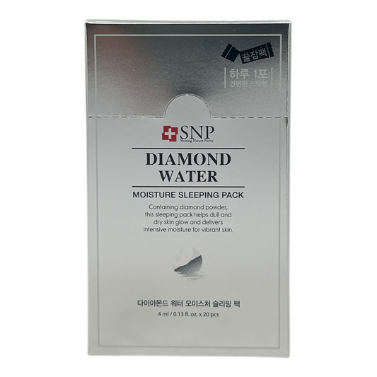SNP Diamond Water Sleeping Pack – 20pcs, Korean overnight mask with diamond powder and hydrating ingredients, available at Zakura Global.