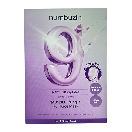 Numbuzin No.9 NAD Bio Lifting-Sil Full Face Mask – Korean anti-aging sheet mask with NAD and peptides, includes lifting band, available at Zakura Global.