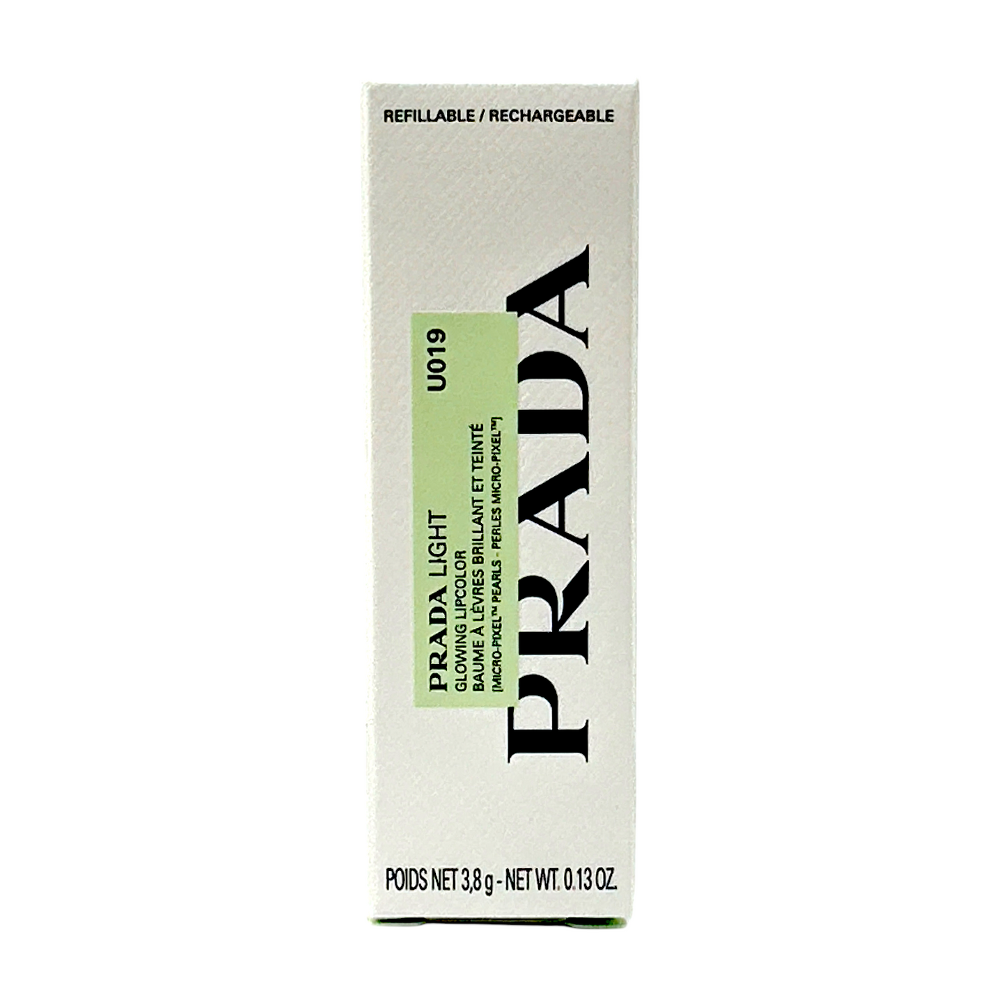 Prada Light Glowing Lipcolor – U019 Brown 3.8g lipstick with radiant finish, available at Zakura Global.
