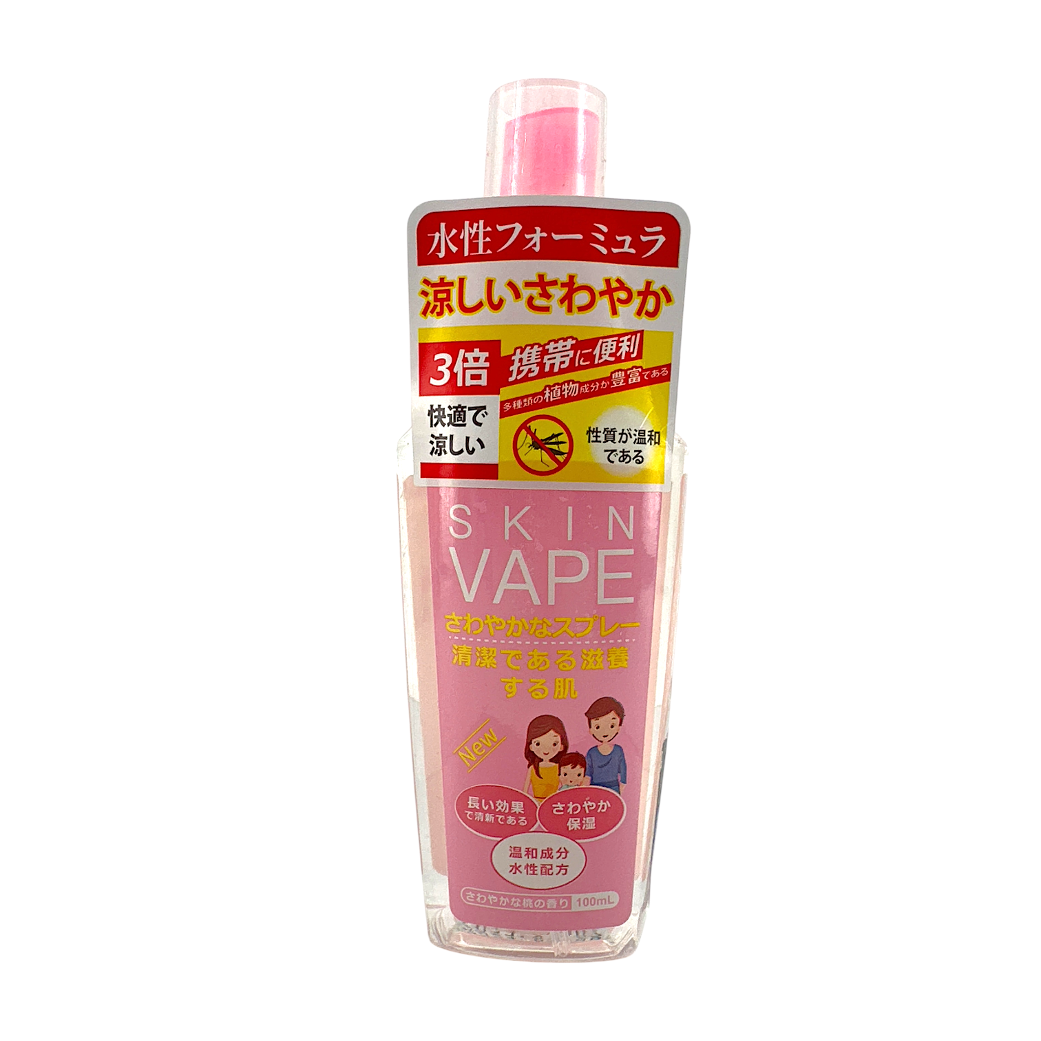 Fumakilla Skin Vape Mosquito Repellent Spray – Pink-Peach 100ml, gentle insect protection with hyaluronic acid and peach fragrance, available at Zakura Global.