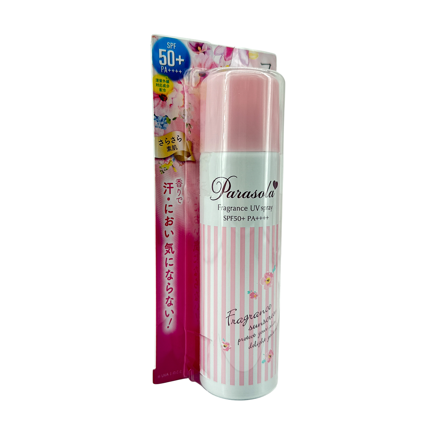 NARIS UP Parasola Fragrance UV Spray – SPF50+ PA++++ 90g, floral-scented Japanese sunscreen for face, body, and hair, available at Zakura Global.

