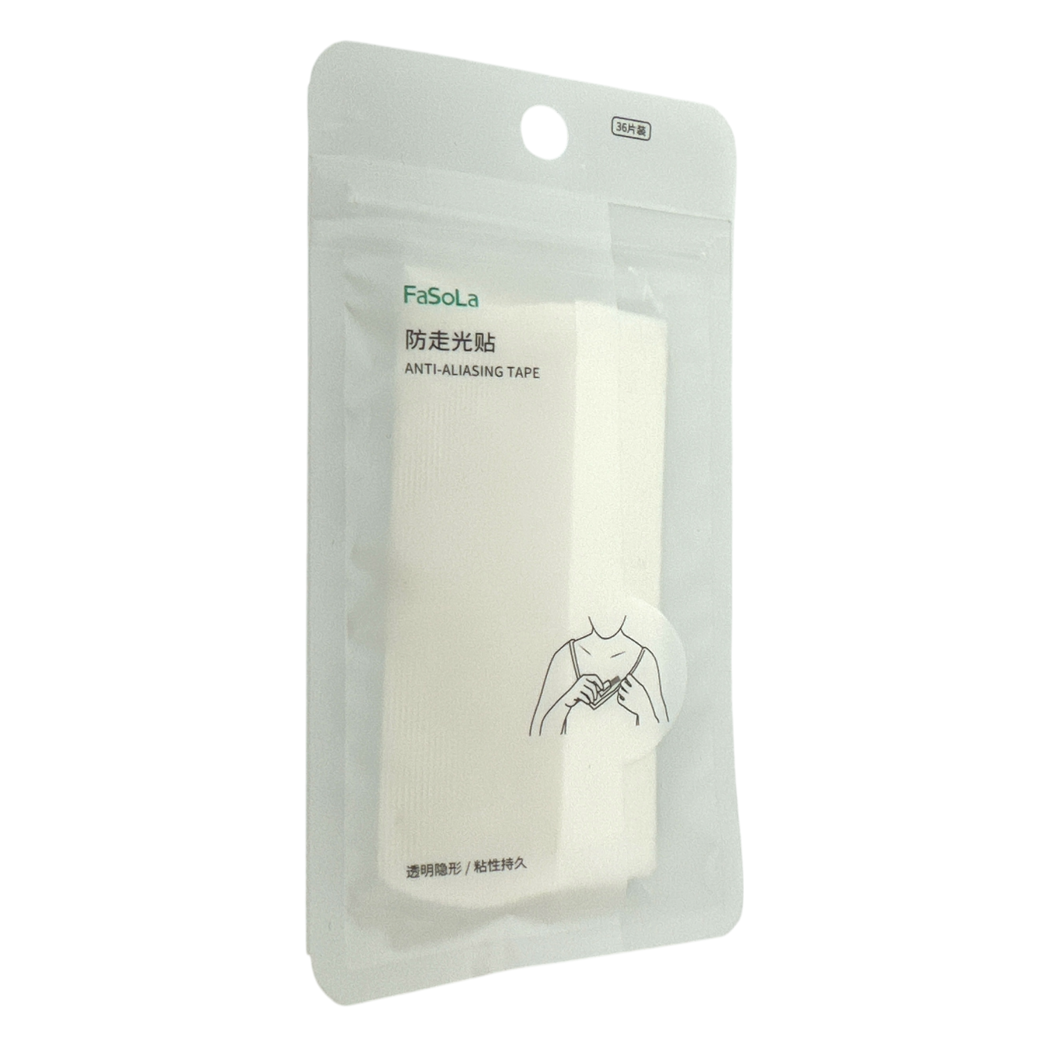 FaSoLa Anti-Aliasing Tape – 36pcs (18x85mm) invisible double-sided fashion tape for clothes, available at Zakura Global.