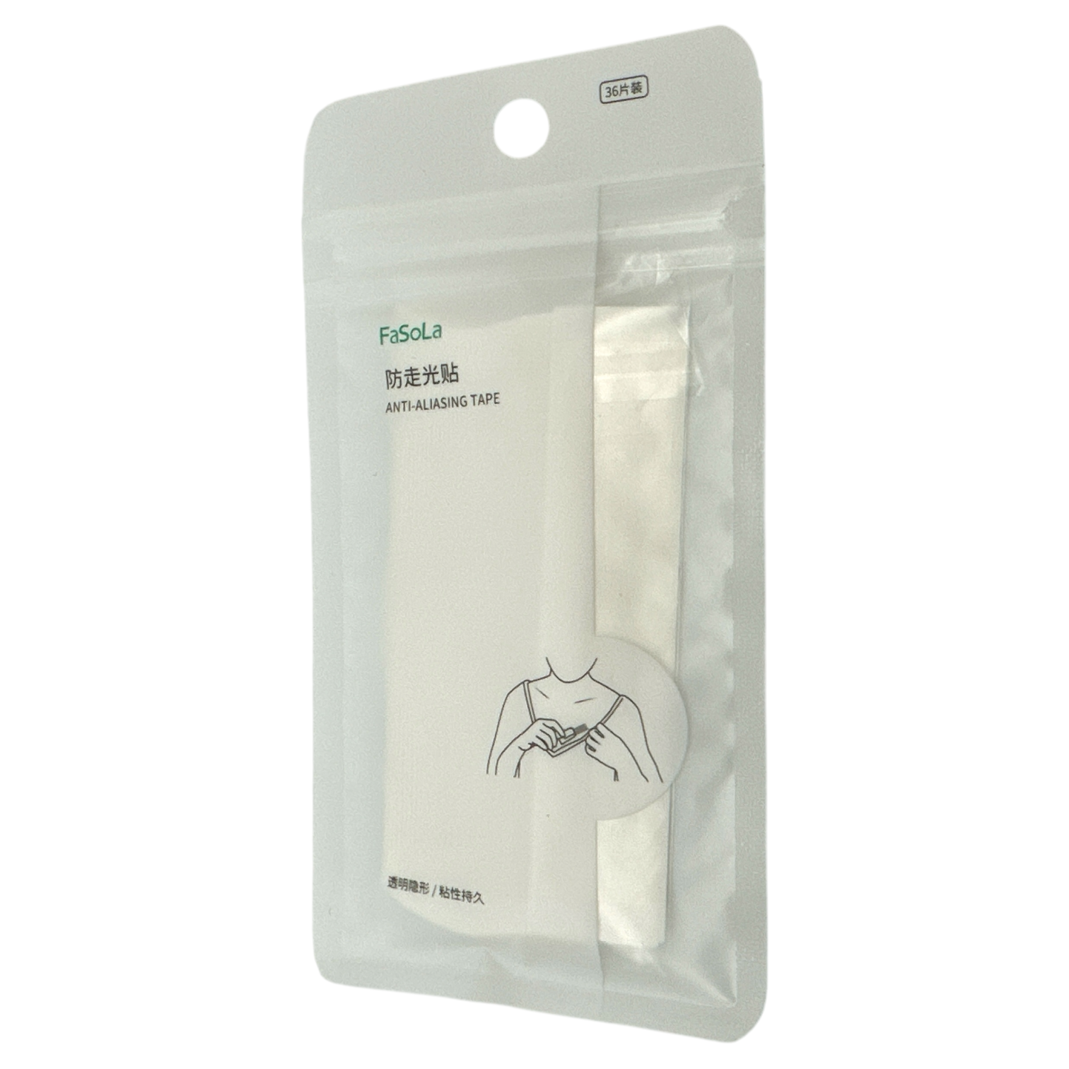 FaSoLa Anti-Aliasing Tape – 36pcs (18x85mm) invisible double-sided fashion tape for clothes, available at Zakura Global.