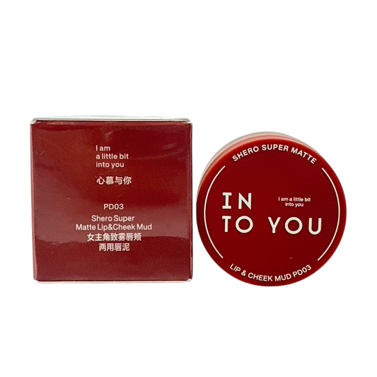 INTO YOU Shero Super Matte Lip & Cheek Mud (Canned) – PD03 Rouge Pe 5g rose red matte tint in canned packaging, available at Zakura Global.