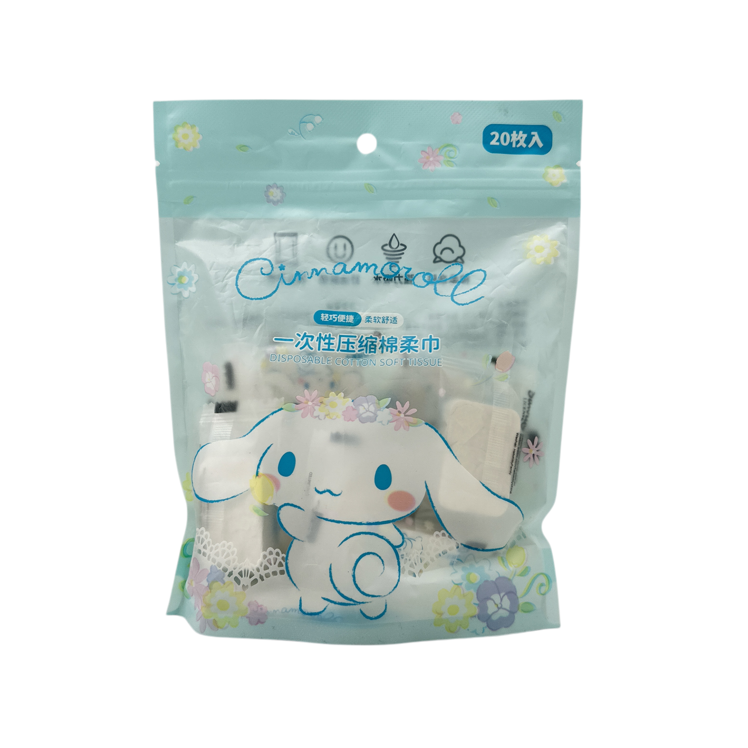 Sanrio Hello Kitty Compression Tissue – Light Blue 20pcs, compact and expandable tissues for travel and hygiene, available at Zakura Global.

