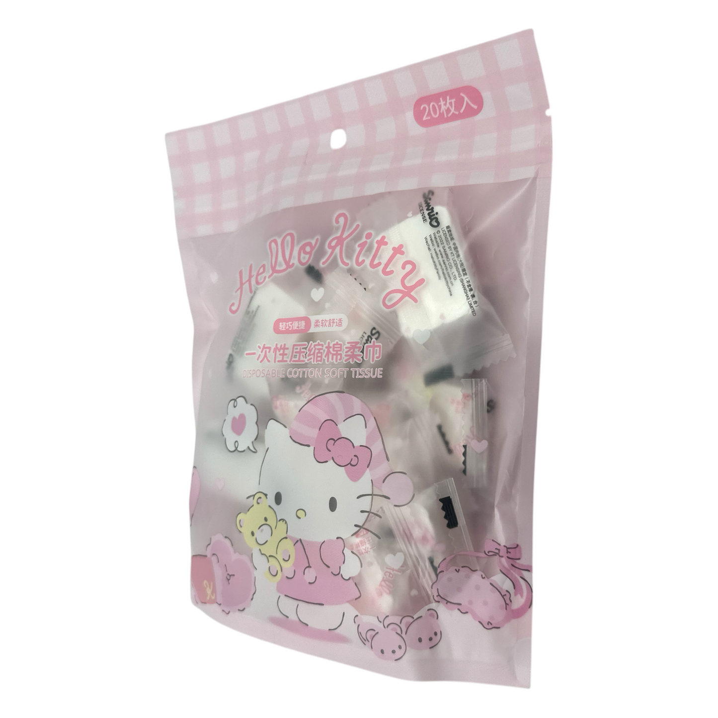 Sanrio Hello Kitty Compression Tissue – Pink 20pcs, compact and expandable tissues for travel and hygiene, available at Zakura Global.
