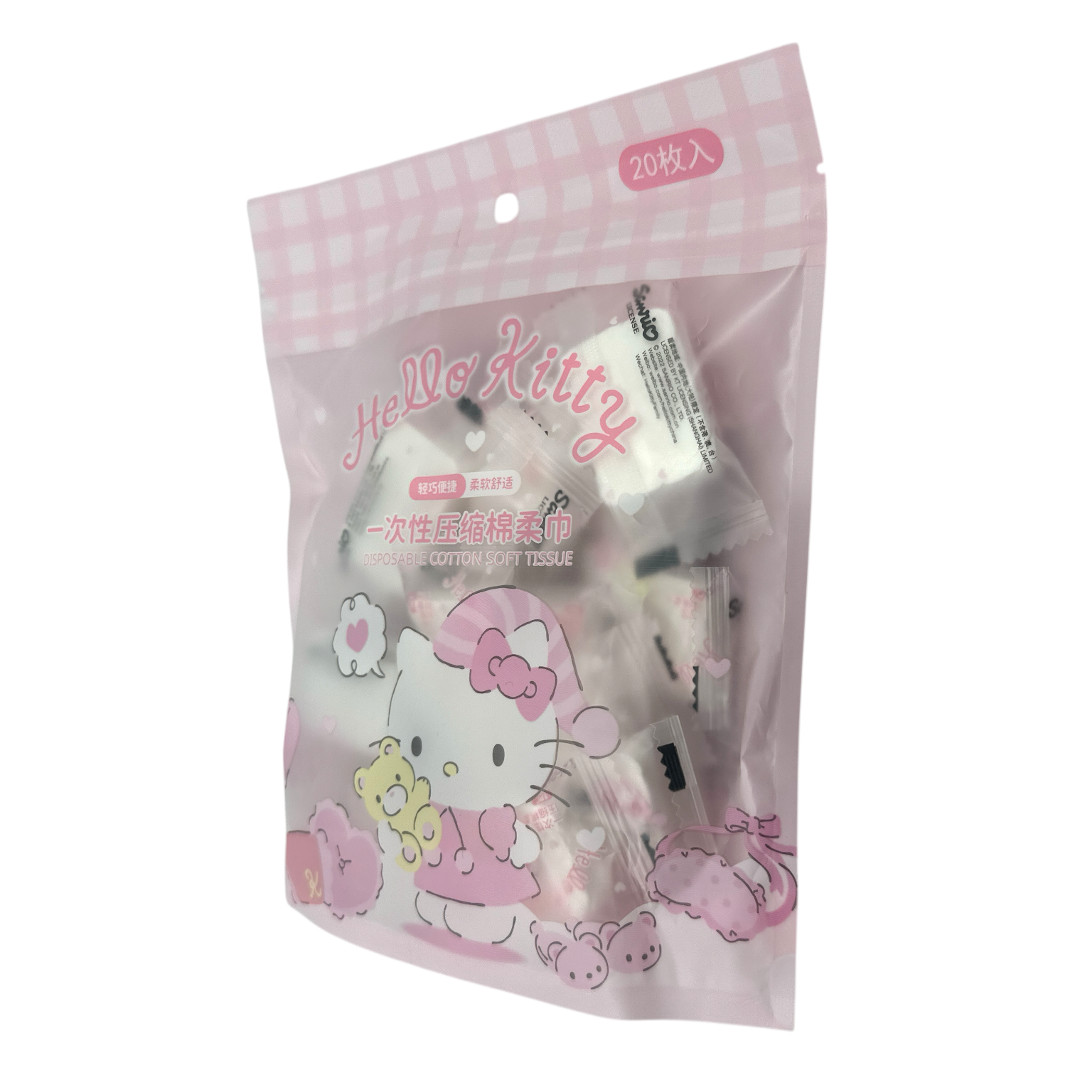 Sanrio Hello Kitty Compression Tissue – Pink 20pcs, compact and expandable tissues for travel and hygiene, available at Zakura Global.