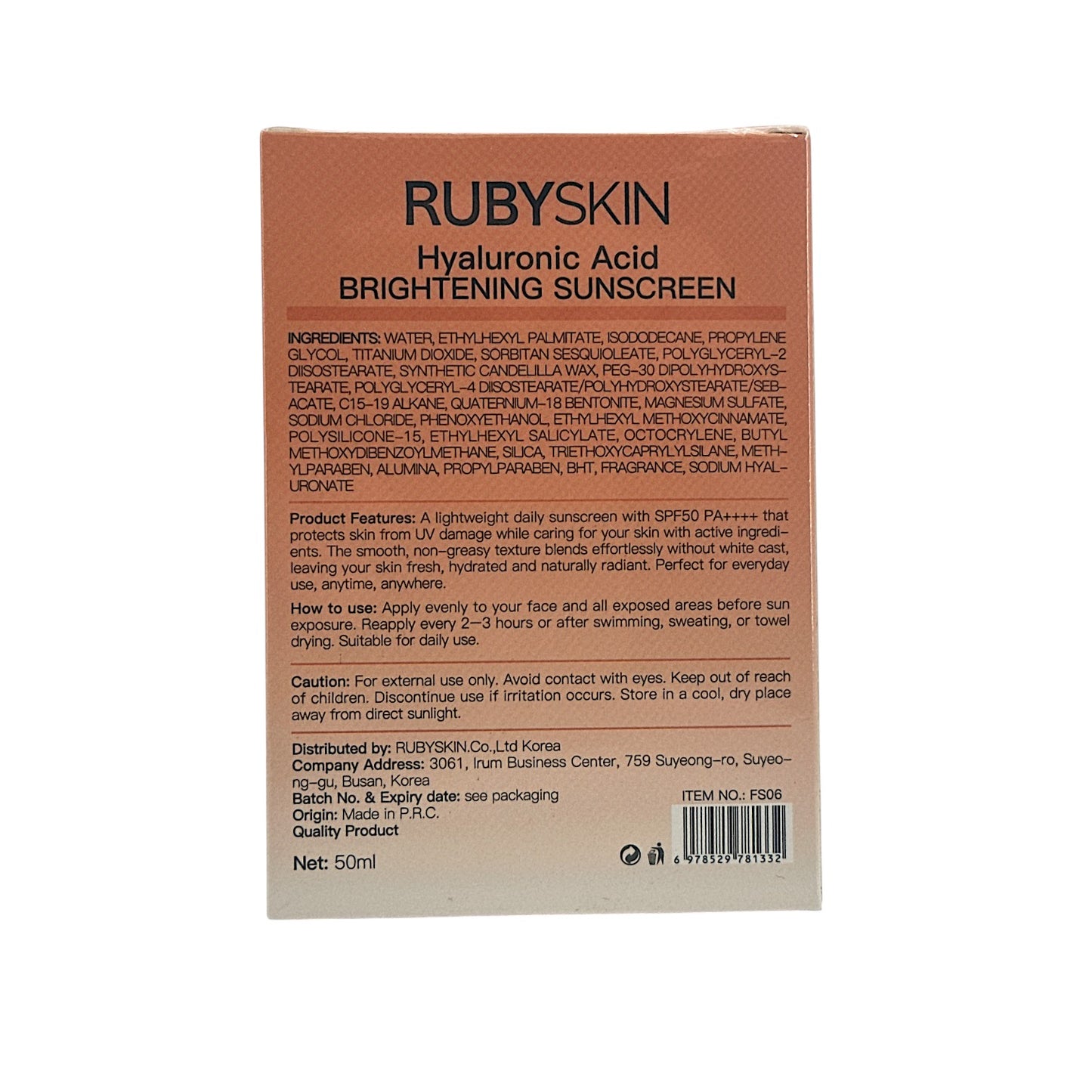 RUBYSKIN Functional Sunscreen - Vitamin C  SPF50+ 50g